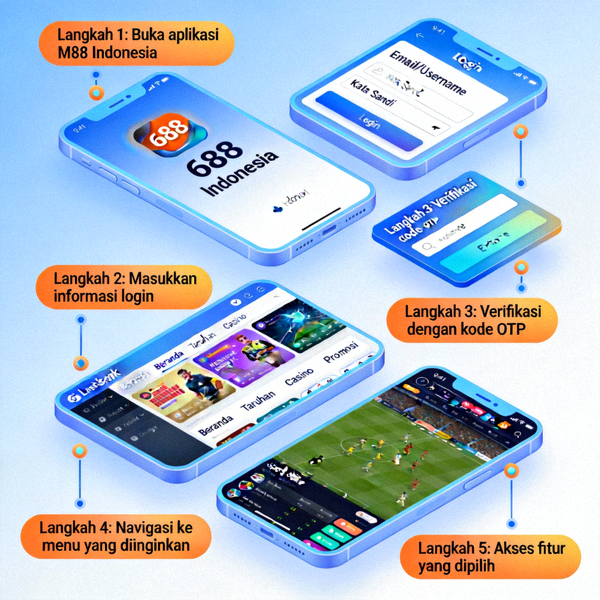 Animasi panduan langkah demi langkah proses login dan navigasi di platform M88 Indonesia